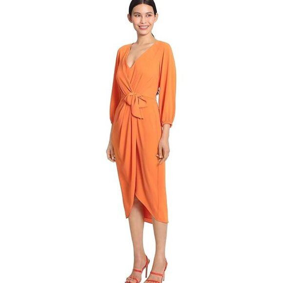 NEW Maggy London Women's Long Sleeve V-Neck Faux Wrap Crepe Dress sz 6 orange - Picture 2 of 4